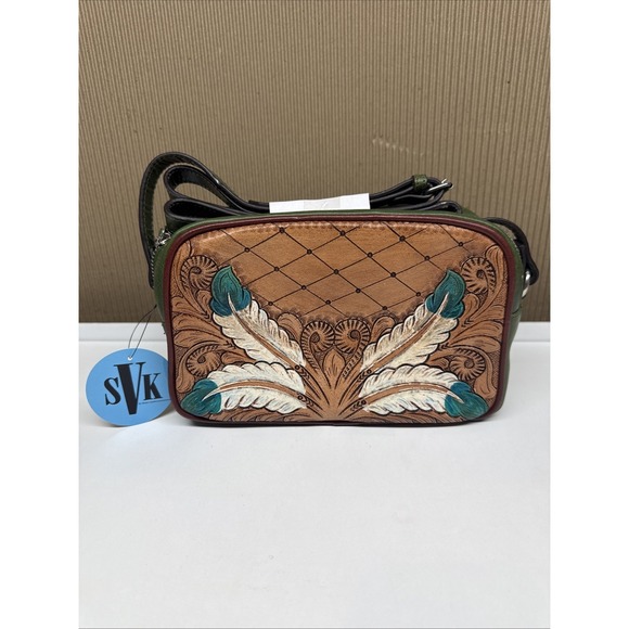 SVK Handbags - SVK Western Crossbody Embossed Leather Brown Green Blue Feather Accent